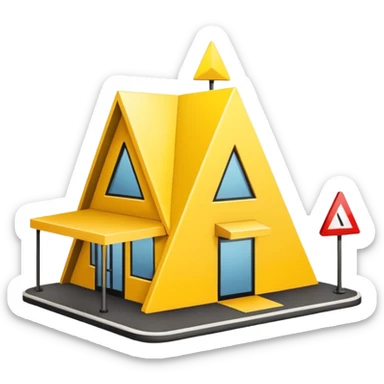 restaurant building with yellow warning triangle sign, caution sticker