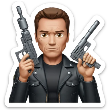 Terminator Arnold Schwarzenegger aiming a gun upward, metallic endoskeleton details, realistic emoji style sticker