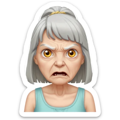 Angry old woman with long gray hair and bangs and scary eyes in a sundress sticker