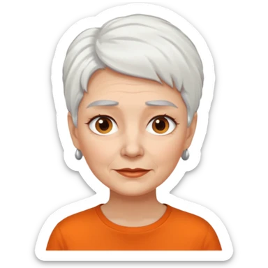 older white haired woman with orange shirt short white hair make eyebrows brown sticker