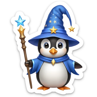 A cute penguin dressed as a wizard with a pointed blue hat with stars, holding a magical wand sticker