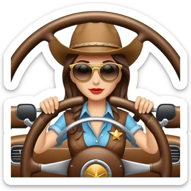 Cowgirl wearing sunglasses behind steering wheel sticker