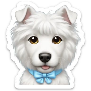 cute white furry dog with baby blue bow in hair and silver chain collar  sticker