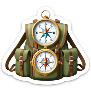 Icon for Expeditions: a compass, a map, and a backpack with trekking gear, placed on a rugged mountain terrain with snow-capped peaks. The icon should evoke the spirit of adventure and discovery in remote, unexplored places. Transparent background. sticker