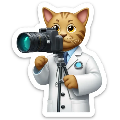 Cat Scientist taking a photo with a big camera while wearing a lab coat sticker