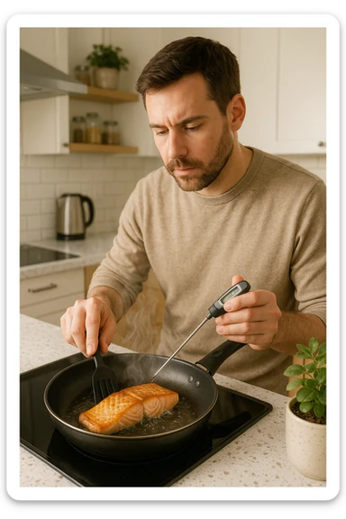 Uomo tra i 30 e i 45 anni in cucina moderna, concentrato mentre cucina un filetto di salmone fresco in padella. Si vede il vapore che sale, la superficie del salmone dorata e ben cotta. L’uomo usa utensili puliti, termometro da cucina nella mano sinistra per controllare la temperatura interna. Sullo sfondo, atmosfera luminosa e pulita, messaggio visivo implicito di sicurezza alimentare e buona pratica. Stile realistico e rassicurante, colori caldi e tono domestico. sticker
