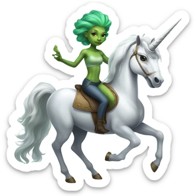 a green amazon alien woman on a grey white unicorn sticker