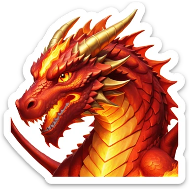 cinematic-noble-fierce-fire-dragon-portrait-emoji,-poised-and-imposing,-with-a-muscular,-scaled-body-ablaze-in-fiery-hues-of-crimson,-molten-orange,-and-molten-gold,-and-intense,-burning-eyes-that-mirror-the-heart-of-a-volcano;-rendered in detail sticker