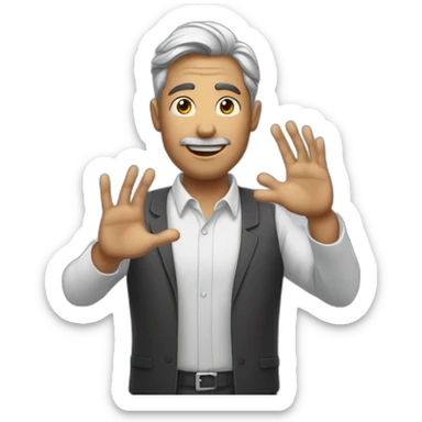 man who greeting people as puting his just one hand on his chest sticker