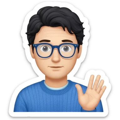 Caucasian man with black wavy hair wearing glasses and a long sleeve blue sweater sticker