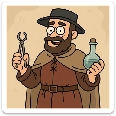 Tudor doctor, holding medical tools, flat toon cartoon style sticker