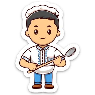 Ukrainian man in traditional white embroidered shirt holding a ladle and kitchen shears sticker