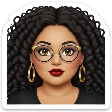 big plus size, latina, darker tan skin, gold hoops, long black curly hair, baddie,pretty, makeup, dark red lipgloss, black eyeliner, long hair, black top, black glasses sticker