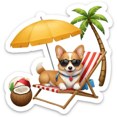a corgi dog laied on a beach chair, a sunny beach, a sun umbrella, and beach coconut trees. the icon should capture the essence of a relaxing beach vacation with a carefree atmosphere sticker