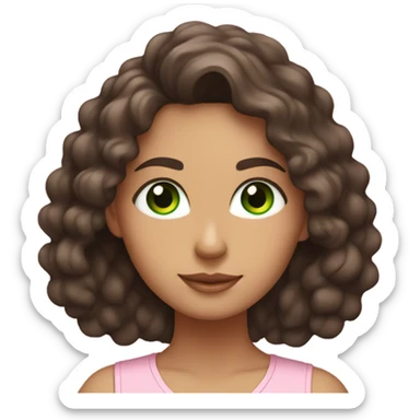 Dark brown long curly hair and green eyes yoga beautiful young woman in light pink pink pink clothes sitting on a yoga mat sticker