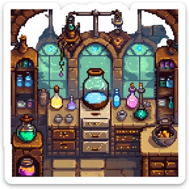 A mystical baker surrounded by bubbling glass flasks, enchanted ingredients, and a brass-trimmed oven. The workspace feels like a magical lab with parchment scrolls, glowing powders, and steampunk-style machinery. UI elements resemble aged parchment, crystal knobs, and smoky overlays. sticker