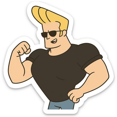 johnny bravo cartoon character, muscular man with blonde hair, wearing sunglasses and a black t-shirt, cartoon style sticker