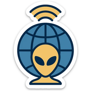symbolic intelligence agency emblem for the search for extraterrestrial intelligence, featuring a globe, radio signals, and a minimalist alien silhouette, in navy and gold sticker