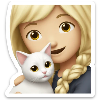 A girl with blonde hair hugs a white cat sticker