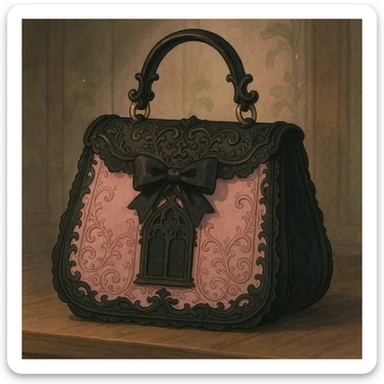 pink and black gothic purse, ornate details, lace, elegant, whimsical, soft lighting sticker