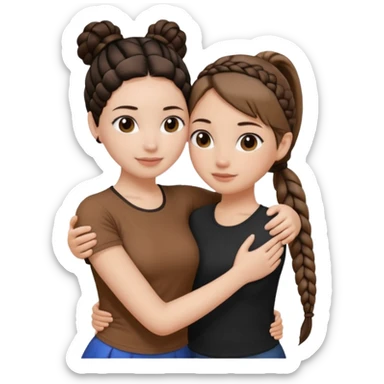 Hug two white skin women, one shorter woman with medium brown simple top ponytail, not braided, and one taller woman with a single long black side braid sticker
