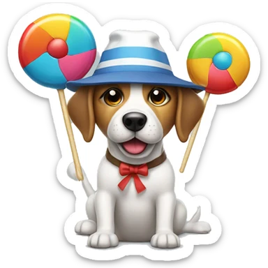 Dog with propeller hat spilling wide with giant lollipop in one hand  sticker