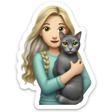 A girl age 14 with grey/dark blue eyes dark blonde hair holding a grey cat with green/yellow eyes sticker