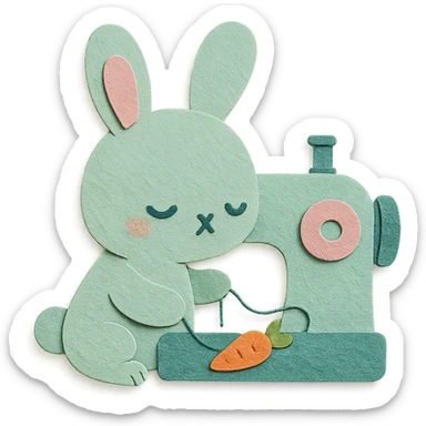 chibi sewing machine-rabbit hybrid, fluffy, stitching a tiny carrot pattern, soft mint pastel, full-body sticker