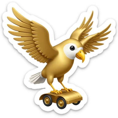 Un petit oiseau mécanique doré avec des ailes délicates et des rouages visibles. Il porte des parchemins enroulés attachés à ses pattes fines, survolant une ville en contrebas. sticker