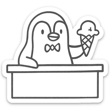 cute line drawing for coloring: a penguin serving ice cream behind a bar counter, simple line style, no fill, for children to color sticker