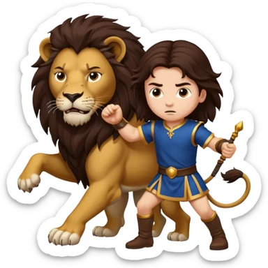 I want a royal child with dark brown long hair, fighting against a lion sticker