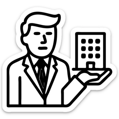 Donald Trump as a real estate owner outlined icon style holding a building wearing a suit and red tie sticker