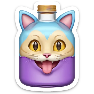Smiling bottle of oil light purple top and light blue sticking tongue out and with cat ears sticker