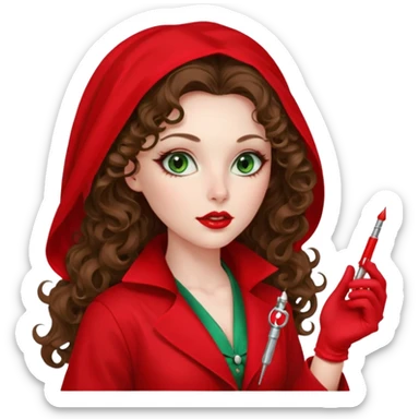 Spanish sexy evil woman. She has green eyes.  had brown long curly hair.  evil surgeon kills with needle wears red sexy doctor coat with red Juliet veil on her mouth and nose to hide and wearing red gloves.  sticker