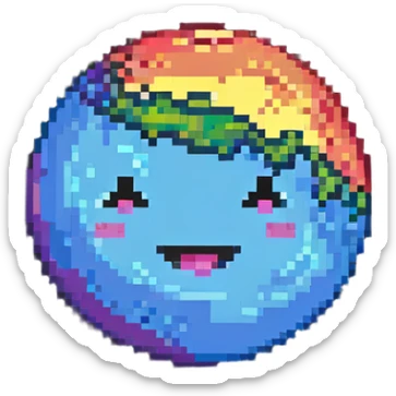 rainbow planet with colorful pixelated clouds and a happy winking face sticker