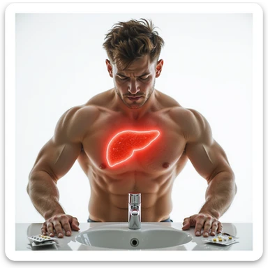 muscular young man in front of mirror, blister packs of pills on sink, liver area highlighted with red halo, pained expression, realistic details, isolated on white background sticker