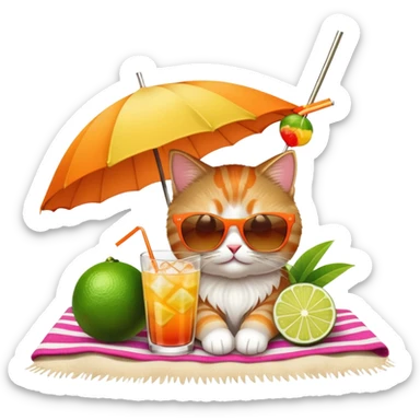 Cute cat on beach towel with a tropical mai tai drink and sunglasses sticker