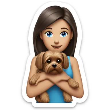 Realistic brunette girl with bright blue eyes holding Yorkshire terrier  sticker