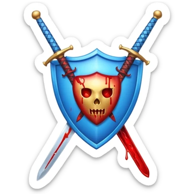 shiny vibrant blue shield with a vertical sword behind it, blood effect on the sword, apple emoji style, match the layout of the reference image sticker