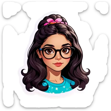 Afghan girl, brown eyes , wearing all black, and wearing large framed glasses, layered long BLACK hair with loose waves, blossom pigmented lips, fair light skin, oval face with a visible jaw line, cheekbones visible, MAKE DIFFERENT FACIAL EXPRESSIONS. sticker