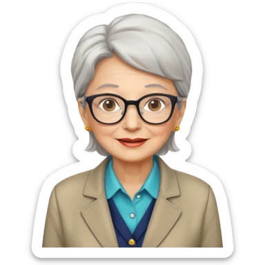 72-year-old professional woman, bright expression, wearing glasses, neat shirt and jacket sticker