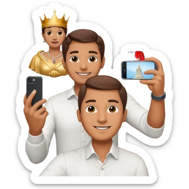 a normal man who's taking a selfie in a room with the statue of the queen elizabeth the II sticker