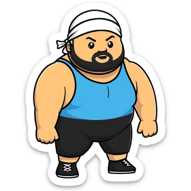 White skin fat guy with black durag, light stubble beard of a few days in wrestling singlet sticker