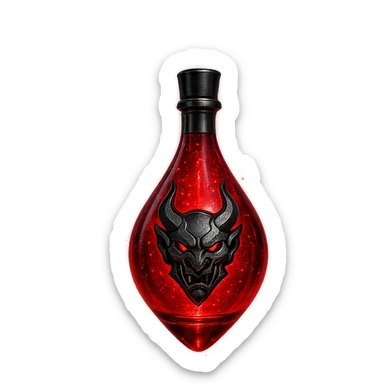 red demon drop-shaped luxurious elixir bottle, Discord edgy and cool vibe, deep red color, black and silver details, very small neck, seamless bottom, floating, no base or shadow, modern, matching a collection, extra intense magical glowing and sparkling effects, transparent background sticker