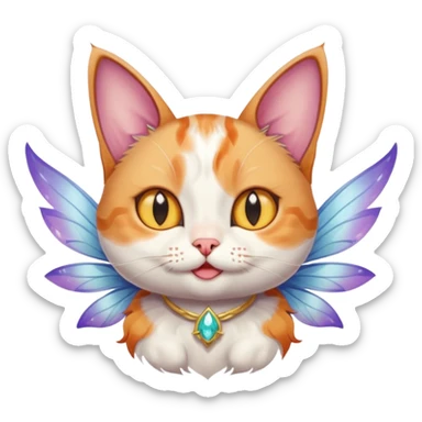 A cat with fairy wings, floating mid-air with a mischievous smirk, portrait, bust up sticker