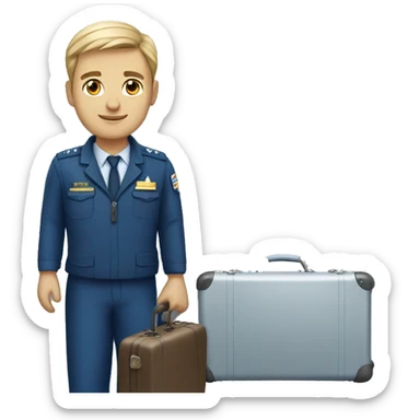 a light-skinned male pilot in a blue uniform with a suitcase sticker