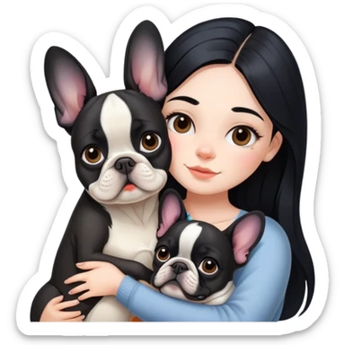 beautiful girl with long black hair hugs a French bulldog sticker