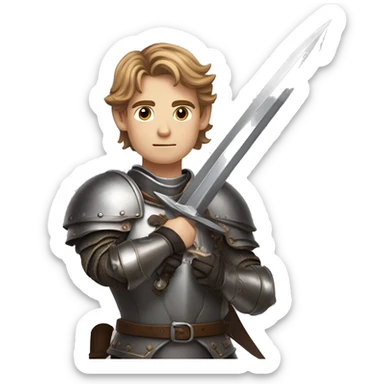 A young man with light brown hair and gray eyes, in chivalrous armor, fantasy, looks seriously, holds a sword in his hands sticker