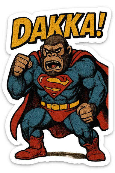 an angry gorilla dressed like superman in a super hero pose with the name DAKKA above it sticker