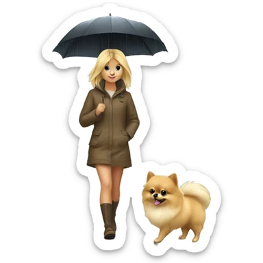 Blonde girl walking tiny pomeranian under the rain sticker
